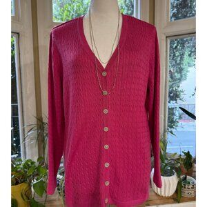 Norm Thompson Womens Pink Silk Cable Knit Sz 1X V-Neck Cardigan Classic Colorful